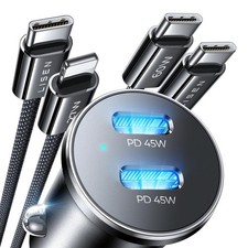 LISEN 90W Car Charger USB C Fast Charge,USB C w/ L+C Cables, Black picture