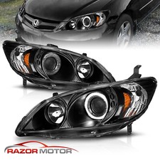 [LED Halo]For 2004 2005 Honda Civic Coupe/Sedan Black Projector Headlights Pair picture