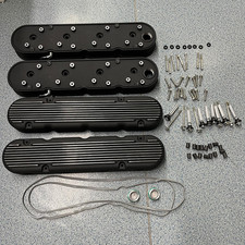 2x For Chevy LS Finned Vintage Hidden Coil Black Aluminum Valve Cover US picture