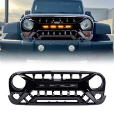 For 07-18 Jeep Wrangler JK Glossy Black Armor Grill Front Grille w/Amber Lights picture