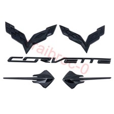 5PC Gloss Black Front Rear Stingray Cross Flags Emblem Kit 2014-2019 Corvette C7 picture