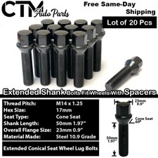 20x BMW Mini Black 14x1.25  Extended Lug Bolt 50mm Shank For 20-25mm Spacer Rim picture