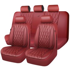 CAR PASS Piping Luxury Faux Leather Seat Covers Full Set, Pure Burgundy Red  picture