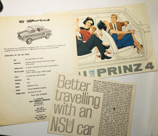 3 NSU PRINZ Car Sales Brochures 1959-Prinz, 1962 Prinz 4, 1964 Sport, Spider picture