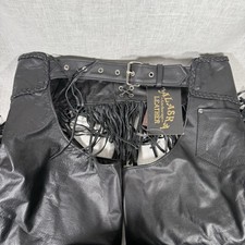 NWT Alaska Leather Black Biker Motorcycle Chaps Fringe Leather 2XL Pants Braided picture