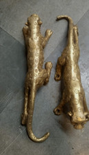 ANTIQUE INDIAN ETHNIC BRASS PAIR OF ANIMAL JAGUAR DOOR HANDLES COLECTIBLE picture