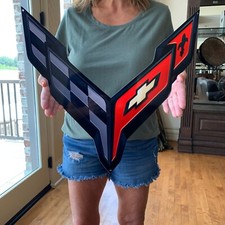 C8 Corvette BLACK Crossed Flag Wall Emblem Large Metal Art Full 20
