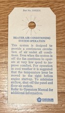 Original 1972 Chrysler Plymouth Dodge Heater/Air Conditioning HANG TAG Mopar A/C picture