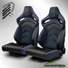 [Dark Knight Series] Black-Blue Reclinable PVC Racing Seats Pair w/Sliders picture