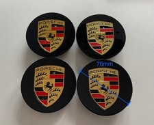 76mm Porsche Center Caps Concave Gloss Black Color Crest (Set Of 4) picture