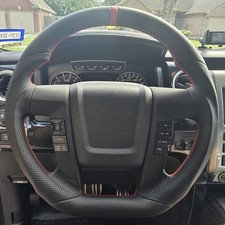Full Leather Sports Flat Steering Wheel for FORD F150 SVT 2011-2014 Red Strip  picture