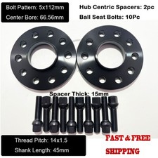 2Pc 15mm Thick Audi 5x112mm CB 66.56 Wheel Spacer Kit 14x1.5 Ext. Bolts Included picture