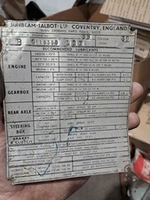Original Used Sunbeam Talbot Car Data Plate  Tag Aluminum Coventry England picture