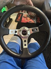 NRG Innovations 350mm Deep Dish Leather Steering Wheel with Purple Hub picture