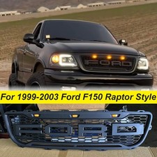 Front Grille For 1999-2003 Ford F150 Raptor Style W/Letters W/3LEDs Matte Black picture