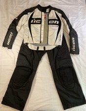 ICON MENS BLACK & WHITE MOTORBIKE / MOTORCYCLE LEATHER JACKET & PANTS w/ARMOR picture