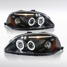 Fit 1996-1998 Honda Civic Black LED Halo Projector Headlights Lamps Left+Right picture