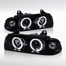 Fit 1992-1998 BMW E36 3-Series Smoke Black LED Halo Projector Headlights Lamps picture