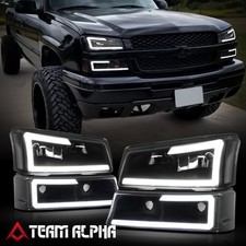 Fits 2003-2007 Silverado/Avalanche {DUAL LED C-BAR} Black/Smoke Headlight+Signal picture