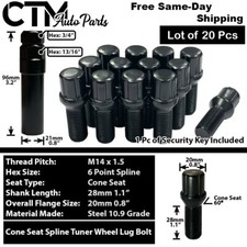 20x Black 14x1.5 Spline Tuner Lug Bolts 28mm Shank Volkswagen Aftermarket Wheel picture