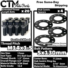 4x 5mm Thick 5x130 71.5mm C.B Wheel Spacer 14x1.5 Black Ball Bolt Porsche &More picture