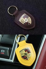 2X Porsche Crest Leather Keyring Keychain Fob - yellow brown Brand New picture