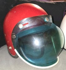 2 VINTAGE MOTORCYCLE HELMETS BLUE BUBBLE W GLITTER RED L & White L 1970s picture