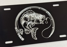 Bass Fish Fishing Pole Logo Car Tag Diamond Etched Metal License Plate Gift picture