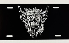 Highland Cow Car Tag Diamond Etched Engraved Black Metal Front License Plate picture