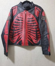 Skeleton Motorcycle Biker Racing Leather Jacket Red Black Size L Metal Punk Goth picture