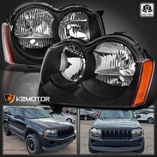 Fits 2005 2006 2007 Jeep Grand Cherokee Headlights Headlamps Black Left+Right picture