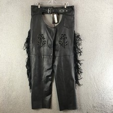 Vintage UNIK Leather Chaps 2XL Black Rose Cutout Fringe Biker Riding Pants NWT picture