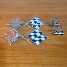 Vintage OEM GM 1957 Fuel Injection Cross Flags Emblem Pair 3742213 & 327 Badges picture