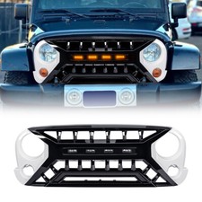 For 07-18 Jeep Wrangler JK White Black Armor Grill Front Grille w/Amber Lights picture