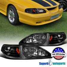Fits 1994-1998 Mustang Headlight+Corner Signal Lamps Black Replacement picture