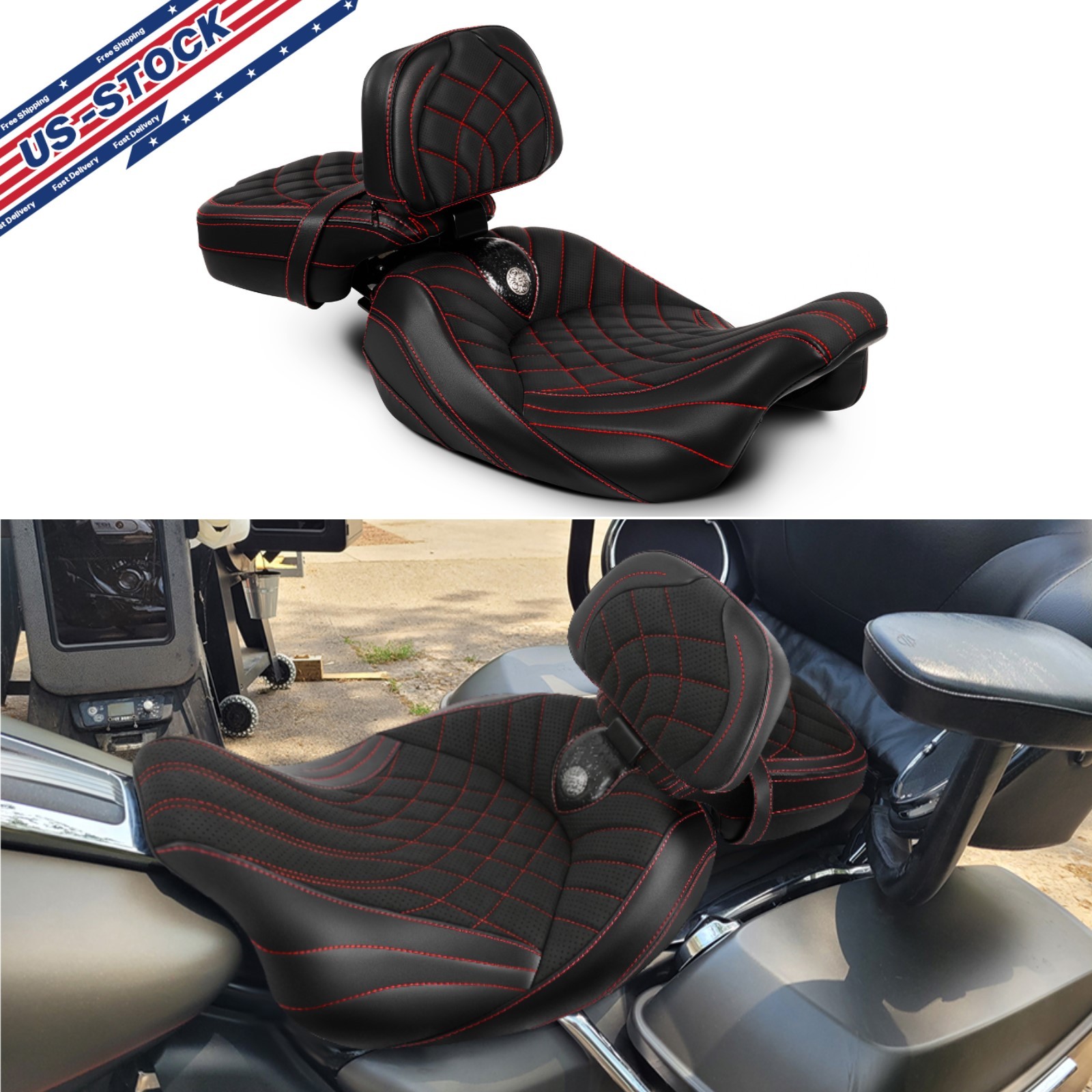For Halrey Road King FLHR 09-22 New Upgrade Red Diamond Seat Cushion w/ Backrest