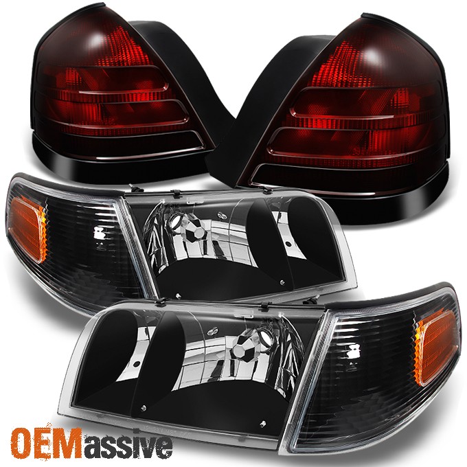 Fit 99-05 Ford Crown Victoria Black Headlights +Dark Red Tail Lights Replacement