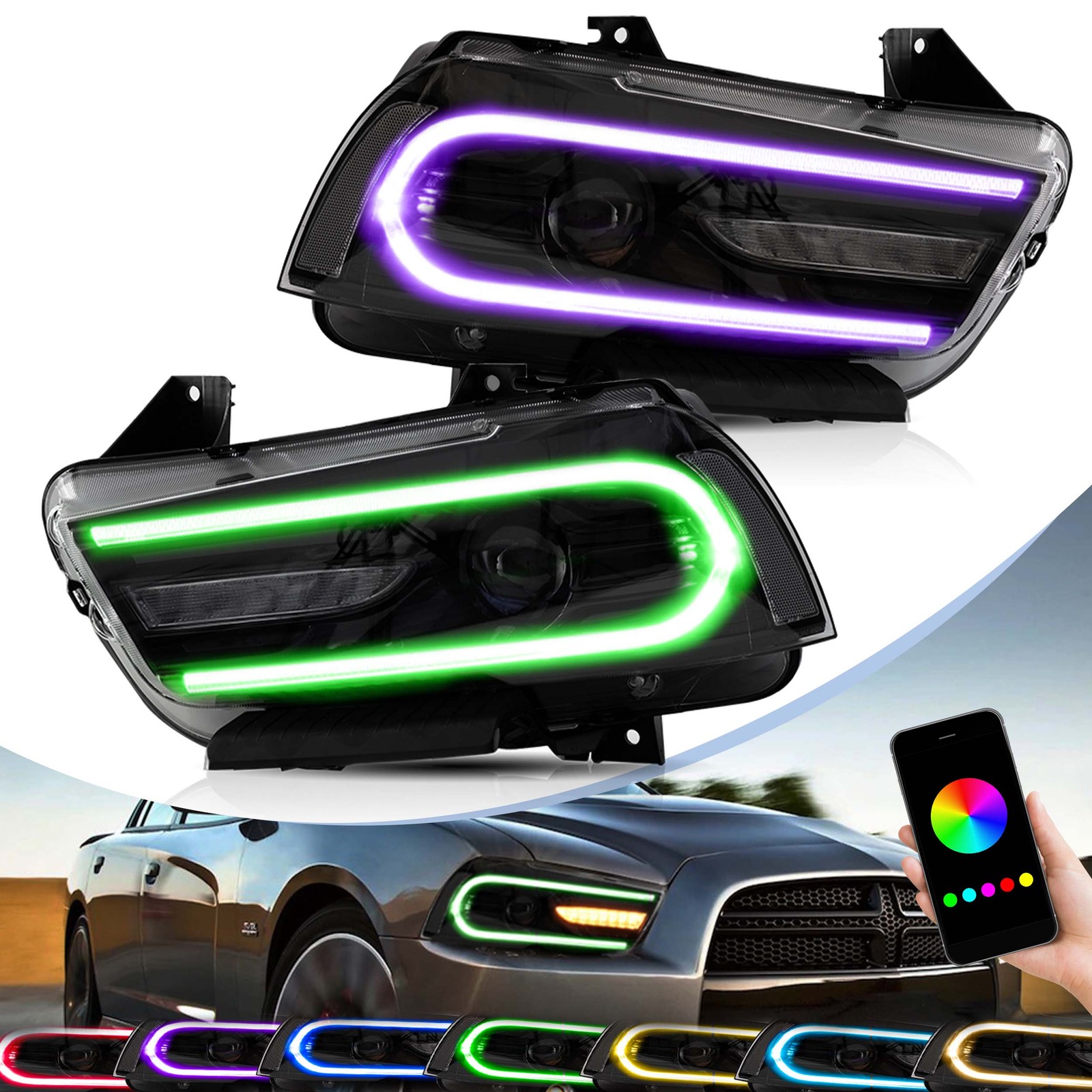 VLAND RGB LED Headlights For Dodge Charger 2011-2014 RGB DRL Head Lamps A Pair
