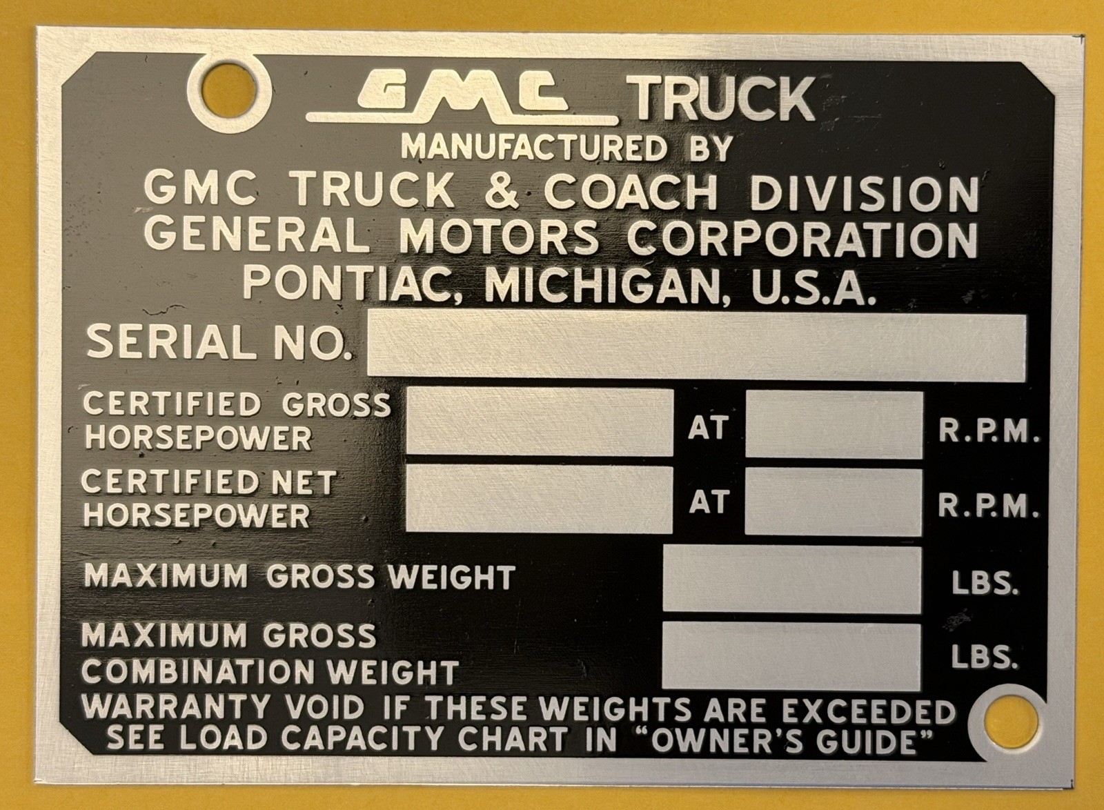 1955-59 GMC Truck Blue Chip Door/Dash GVWR Trim ID Plate ***STAMPED w/ Ur Info 1955-59 GMC Truck Blue Chip Door/Dash GVWR Trim ID Plate ***STAMPED w/ Ur Info