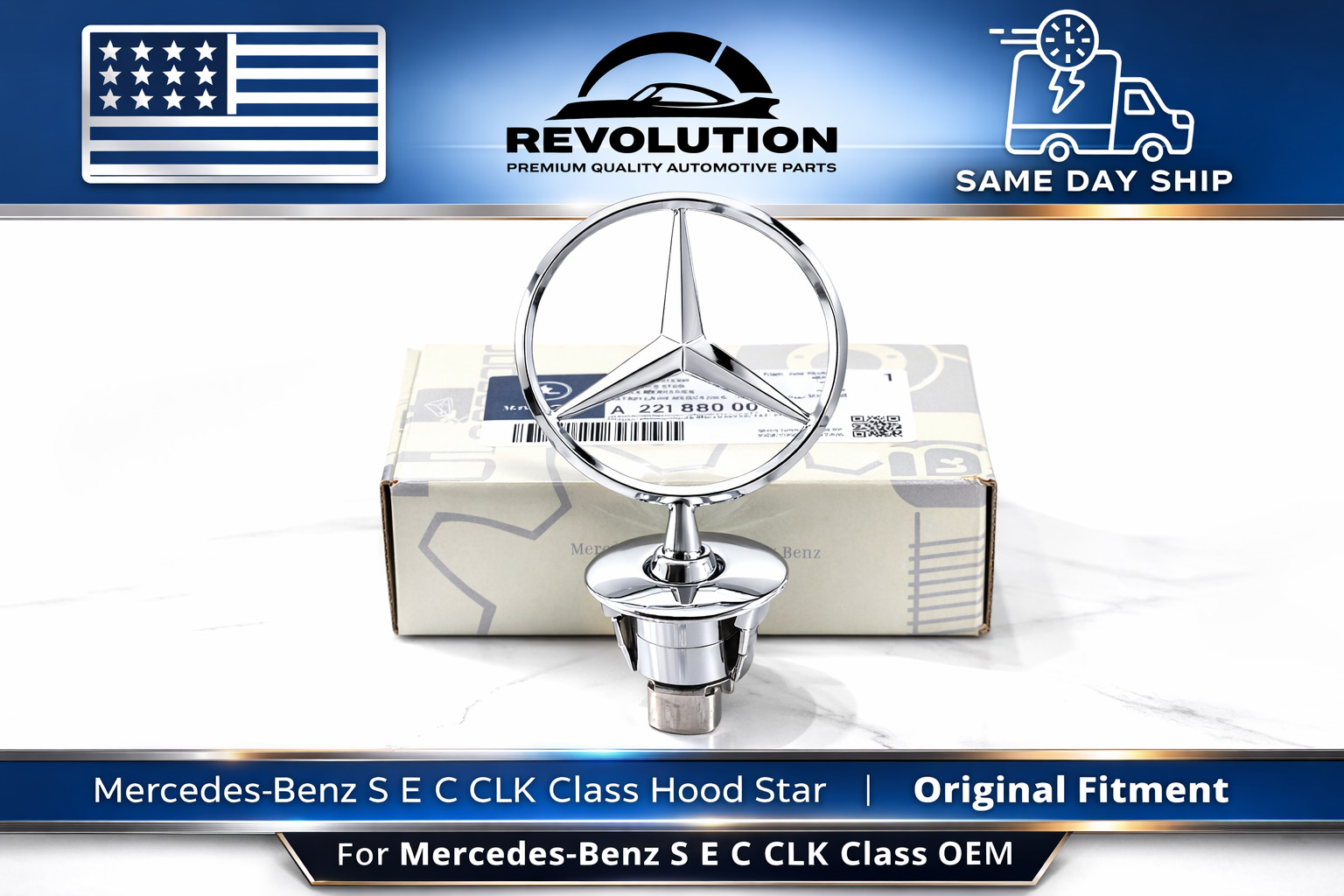 Mercedes Benz Chrome Emblem Front Hood Star Mounted Badge OEM AMG C, E, S Mercedes Benz Chrome Emblem Front Hood Star Mounted Badge OEM AMG C, E, S