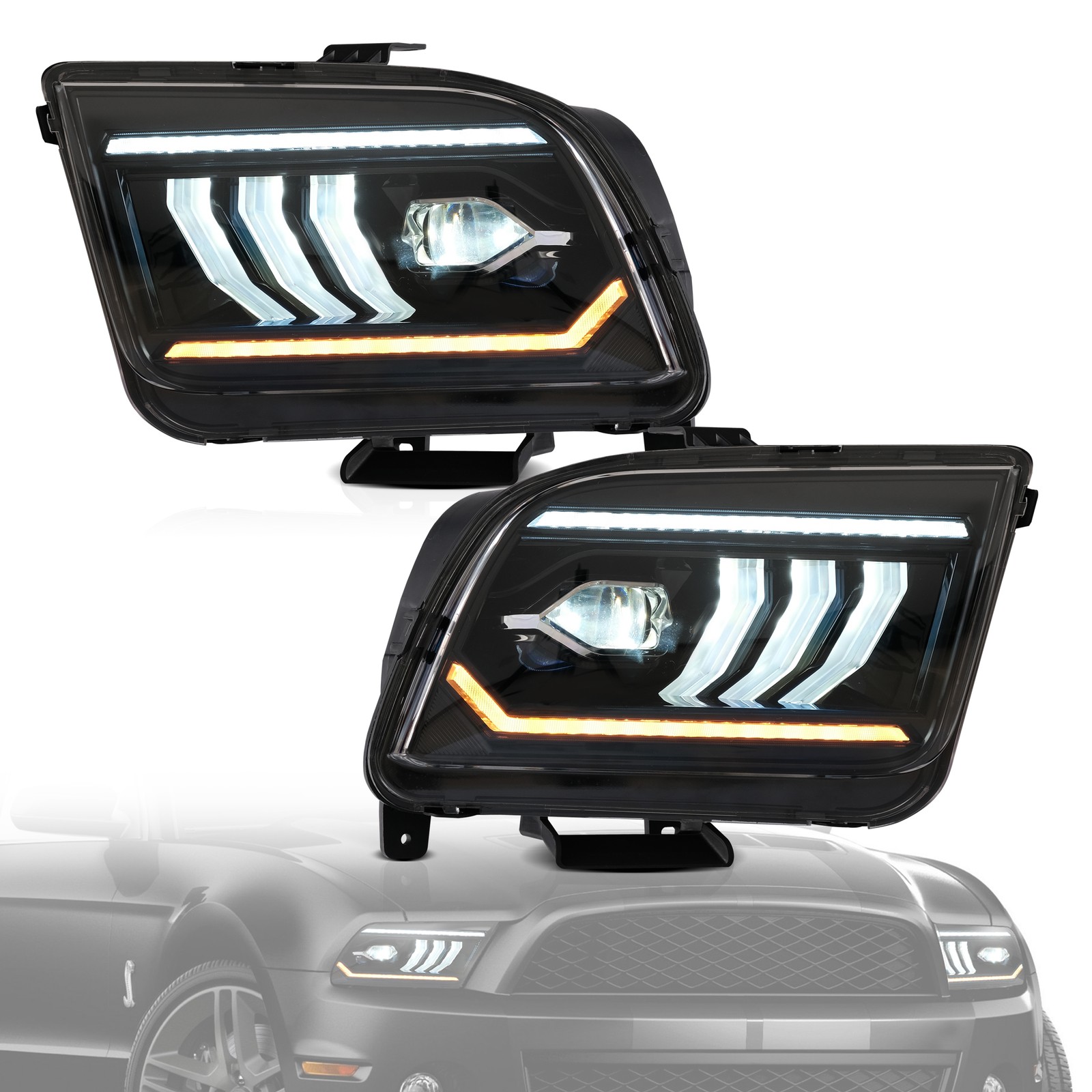 Pair VLAND FULL LED Headlights For 2005-09 Ford Mustang Front Lamps W/Sequential