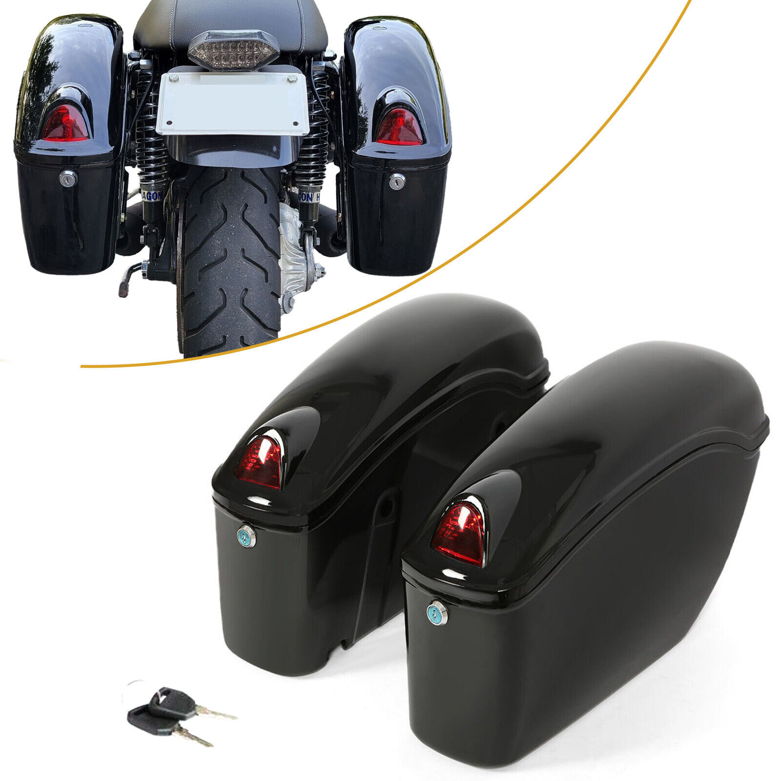 For Yamaha Cruiser Motorcycle Universal Luggage Hard Saddle Bags Black w/Light