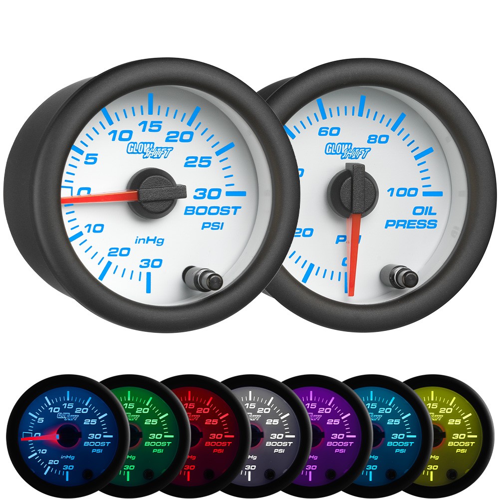 GlowShift 30 PSI Turbo Boost/Vac & 100 PSI Oil Pressure Gauges, White 7 Color