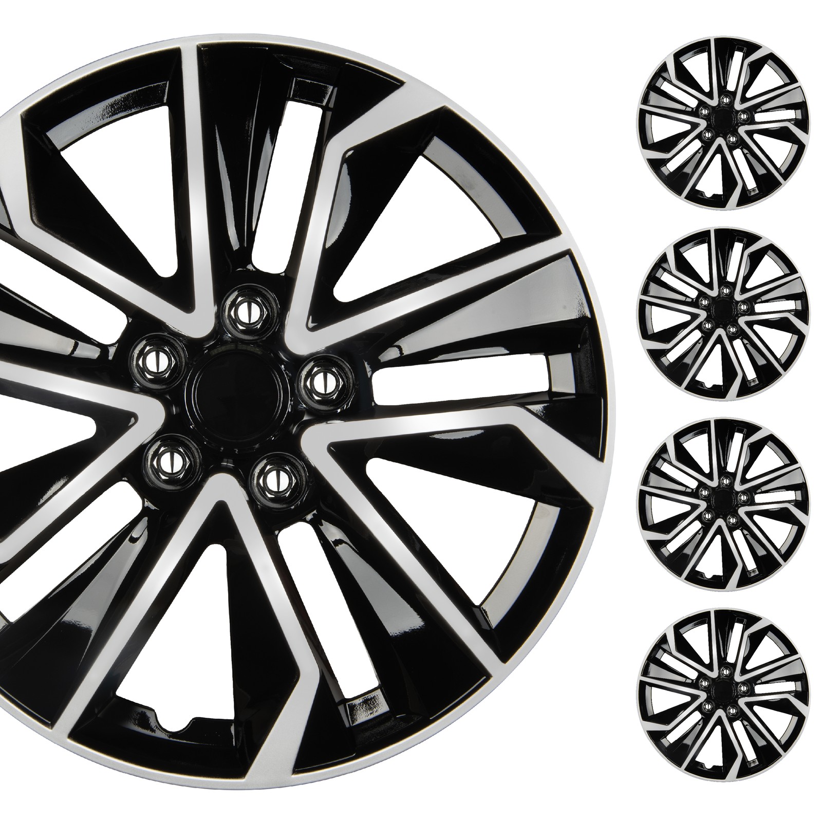 BDK Hubcaps 16 inch Wheel Covers, Set of 4, Snap-on, 10-Spoke Black Silver