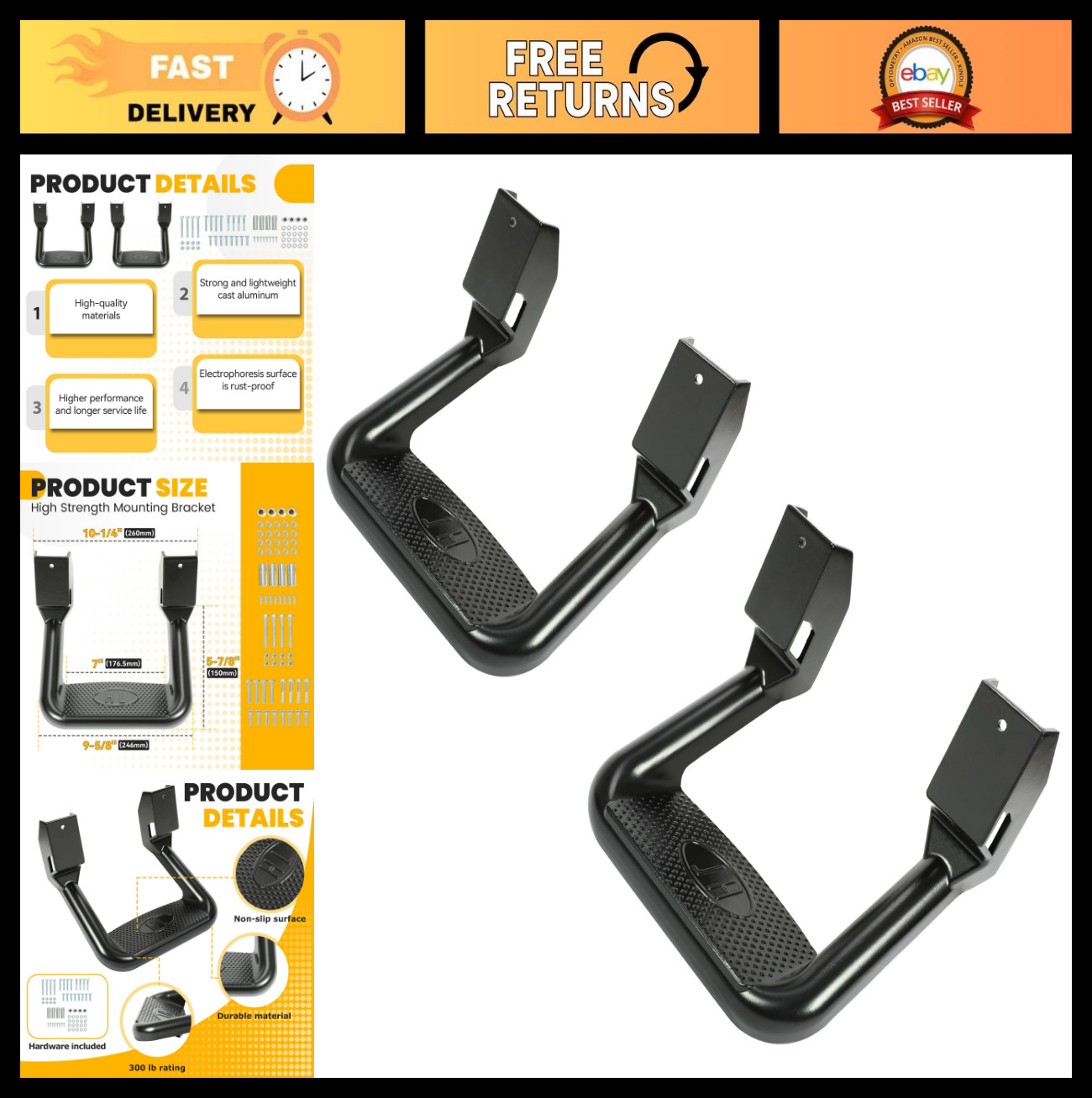 Heavy-Duty Side Steps 300LB Load, Black Aluminum Step Rails for Trucks & SUVs