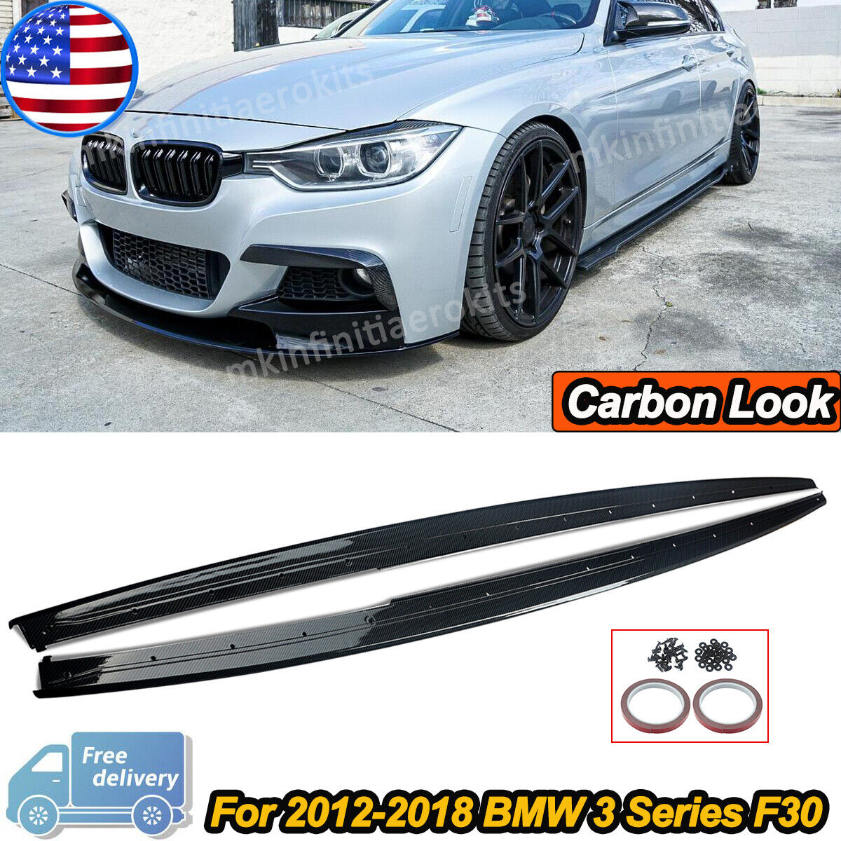 Carbon Fiber Look Side Skirts Extension For BMW F30 F31 3 Series M-Sport 2012-18