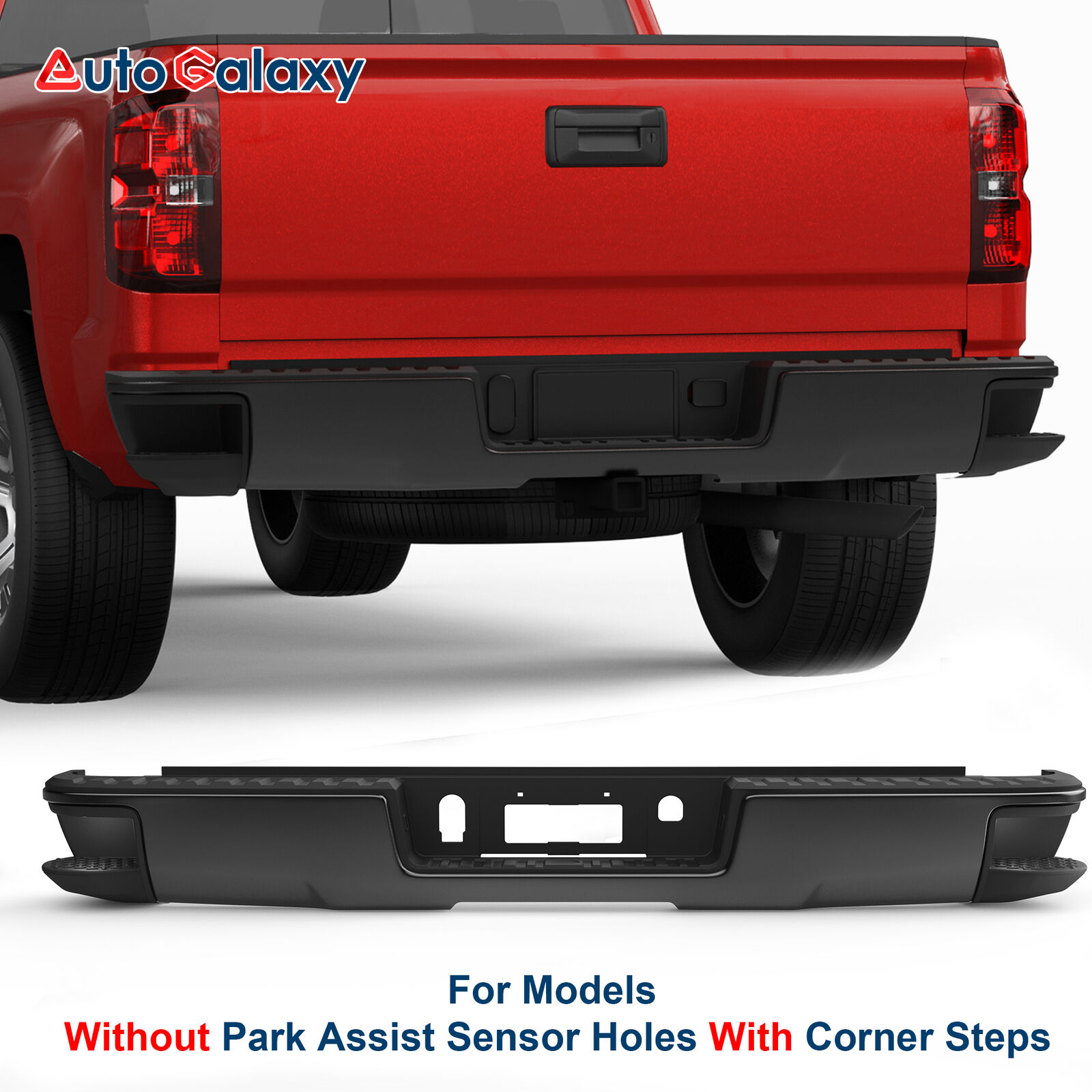 1X Black Rear Bumper For 14-18 Silverado Sierra 1500 w/o Sensor w/ Corner Steps