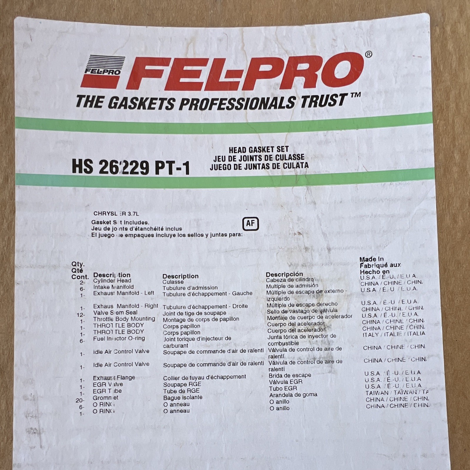 Fel-Pro HS 26229 PT-1 Engine Cylinder Head Gasket Set - Jeep Dodge Ram 3.7L V6