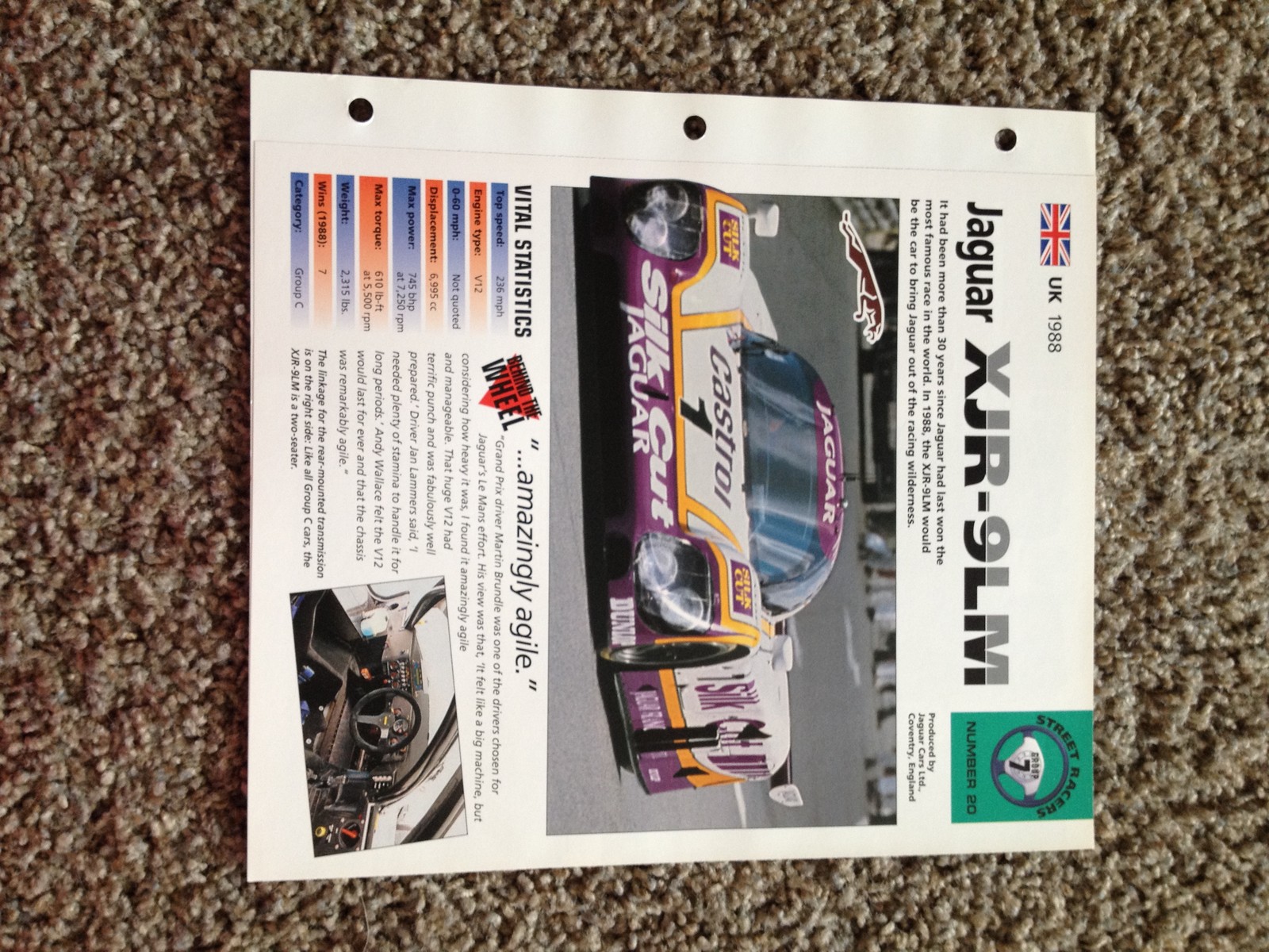 UK 1988 Jaguar XJR-9LM Hot Cars Street Racers Group 7 # 20 Spec Sheet Brochure