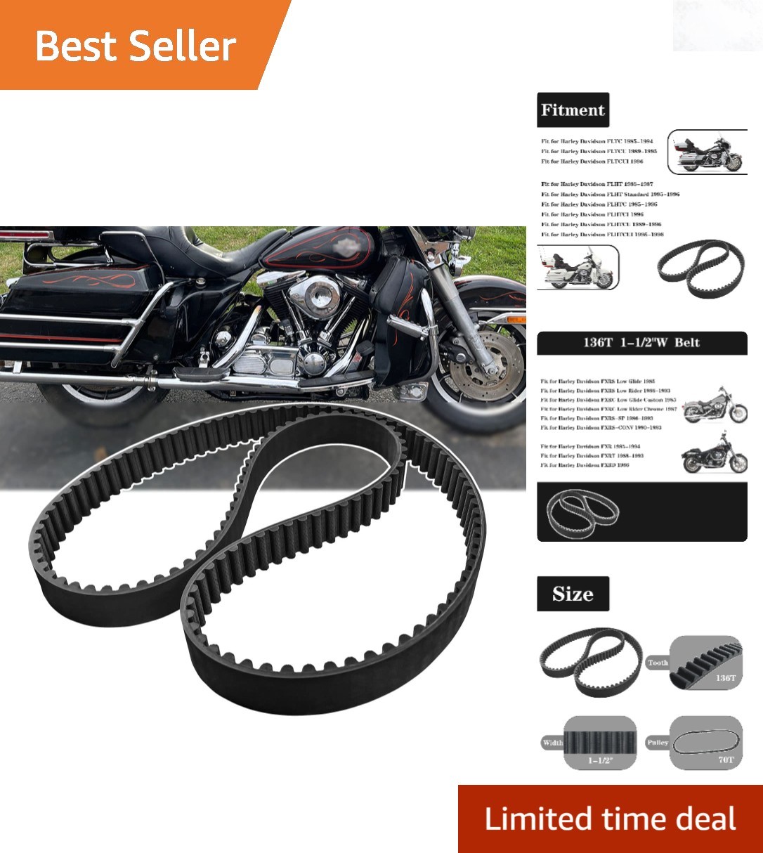 Rear Drive Belt Harley Davidson FLT FXR 136T 1-1/2 inch replacement for 40001-85